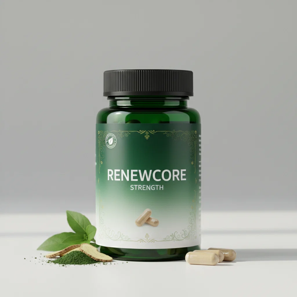 RenewCore Strength -ravintolisäpurkki tummassa lasipullossa hopeatulpalla